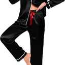 Womens Silk Satin Pajama Sets Long Sleeve,2 Piece Sleepwear with Button Down Top and Pants, Soft Loungewear (Medium, Black)