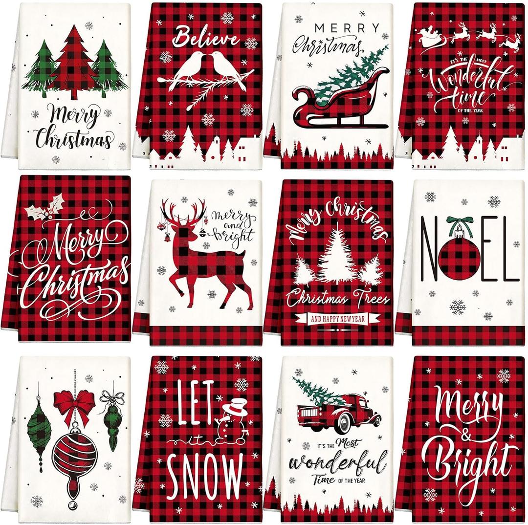 VitalCozy 12 Pcs Christmas Kitchen Towels and Dishcloths Buffalo Plaid Merry Christmas Tree Reindeer Truck Hand Dish Towels Decoration for Xmas Home Gift Supplies, 14.2 x 21.3 Inch
