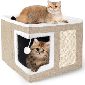 Cat Houses for Indoor Cats - Large Cat Bed Cave with Scratch Pad and Fluffy Ball, Foldable Cat Condo Hideaway with Reversible Cushion for Multi Small Pet, Khaki