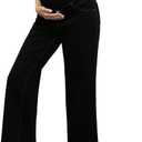 Ecavus Women's Maternity Jeans Over Belly Wide Leg Comfy Stretch Denim Pants with Pockets, Large, Black Regular