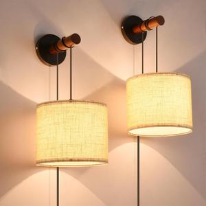 Wall Sconces Set of Two, Plug in Wall Sconces, Fabric Shade Wall Lights with 3 Color Temperature, Farmhouse Wall Lamps for Bedroom Living Room Hallway(2 Pack)
