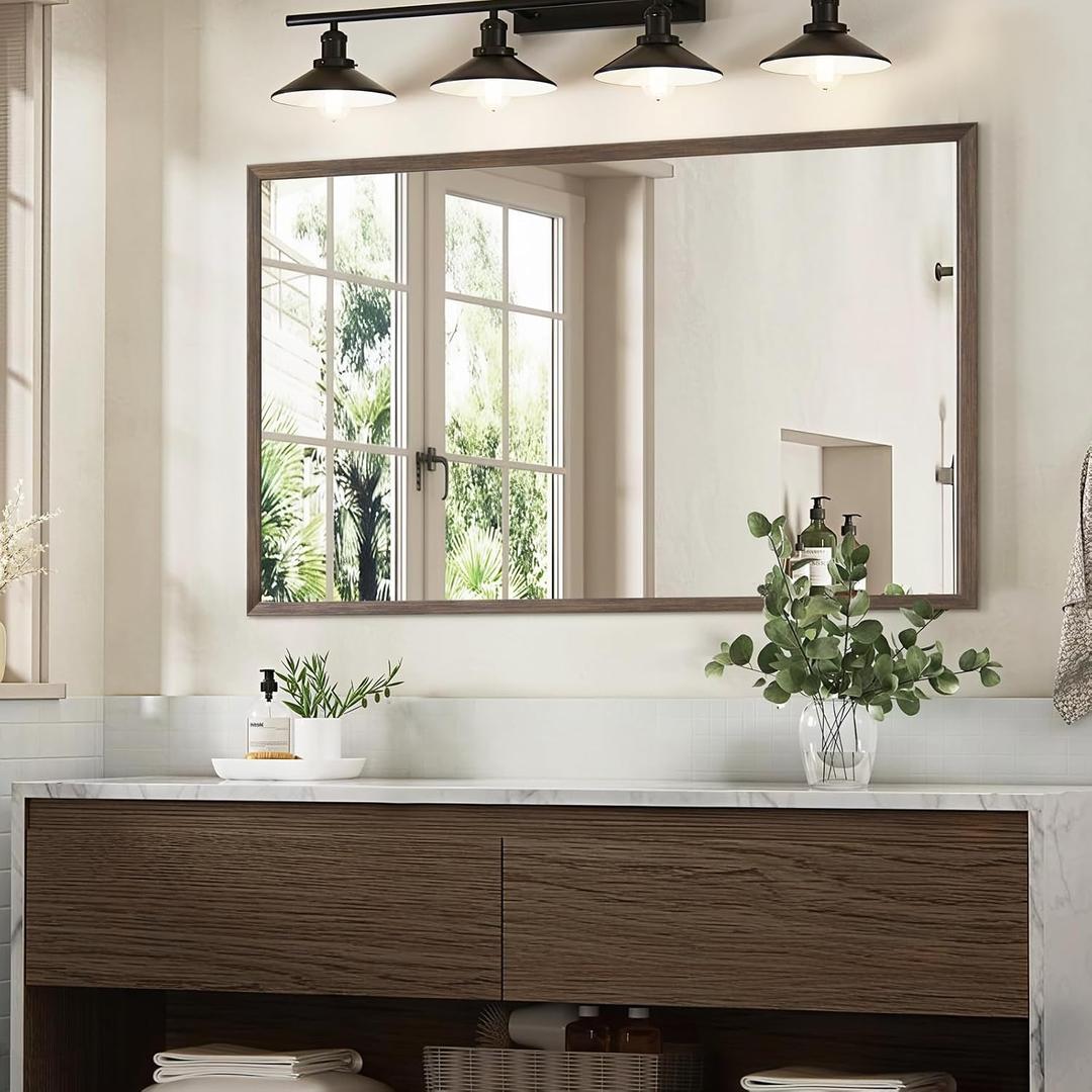 Wood Bathroom Mirror, 40"x24" Walnut Wall Mirror for Over Sink