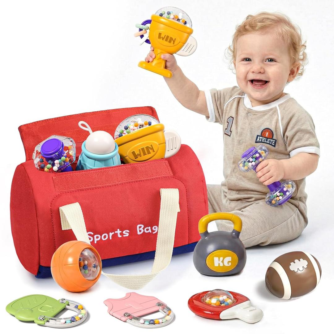 STACTCUTE 11 Pcs Baby Rattles Teether Toys Set, Sports Themed Gym Toy Bag for Infants 0-6 6-12 Months, Dumbbell & Ball Sensory Teething Toys, Newborn Boy Stuff 1st Birthday Shower Gifts