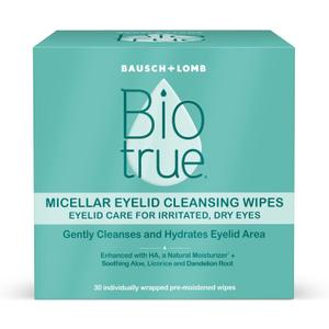 Biotrue Micellar Eyelid Cleansing Wipes, Eyelid Care for Irritated and Dry Eyes from Bausch + Lomb, Fragrance Free, Soothing, Naturally Inspired, 30 Wipes, Pack of 1