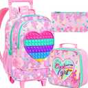 CCJPX 3Pcs Kids Rolling Backpack for Girls, Love Roller Wheeled Bookbag Toddler Elementary School Bag with Wheels (Pink)
