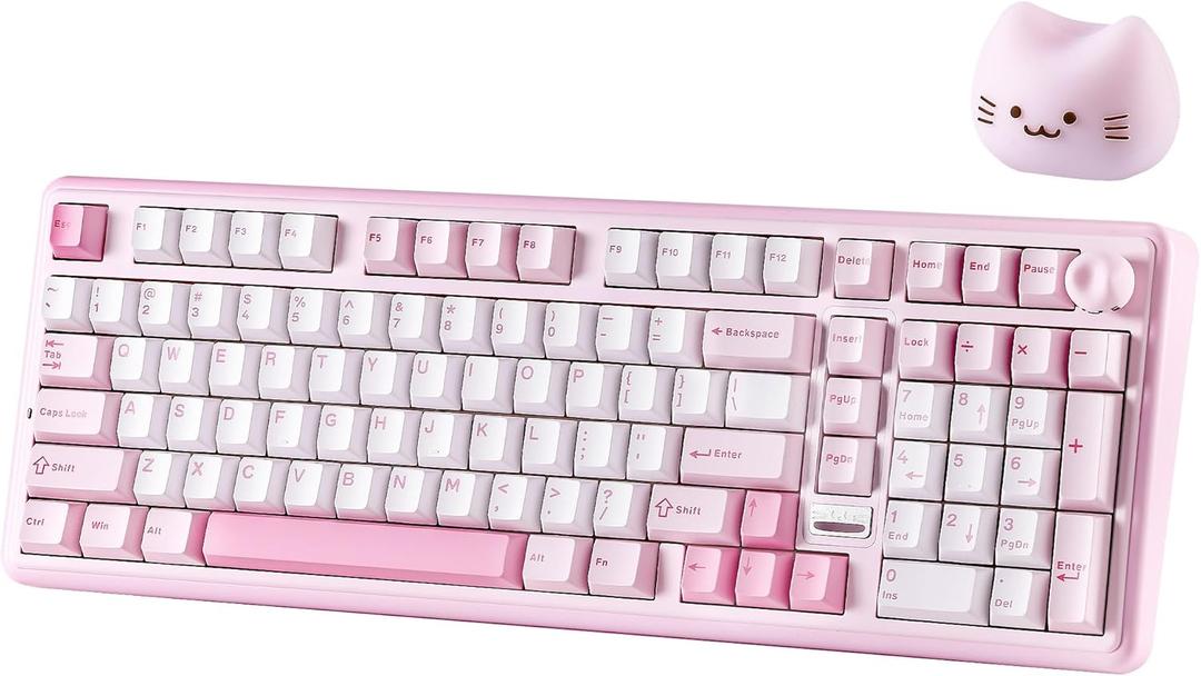 YUNZII B98 PRO QMK/VIA Wireless Mechanical Gaming Keyboard, 96% Layout with Numpad and Cute Cat Knob, BT/2.4G/USB-C, Pre-Lubed Switch Hot Swap Gasket, RGB for Win/Mac (Pink, Candy Linear Switch)