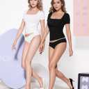 MANGOPOP Women's Square Neck Top Double Lined Short Sleeve Long Sleeve T Shirt Fitted Seamless Tee (Black, L)