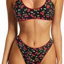 SUUKSESS Women High Waisted Thong Bikini Set Reversible String 2 Piece Swimsuit (Small, 56 Red Cherry)