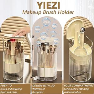 Makeup Brush Holder with Lid, One-Hand Press Open/Close Mechanism Cosmetic Tools Organizer, Clear Waterproof Dustproof Make Up Storage for Vanity, Bathroom Countertop-Cream-Red Ball