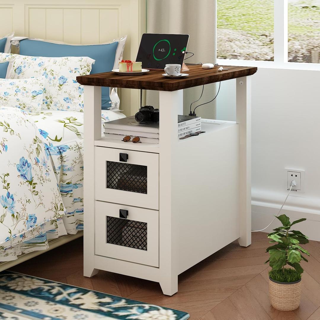 HDDDZSW Farmhouse XXL End Table with Charging Station, Narrow Side Table with USB Ports and Outlets, Nightstand with 2 Drawers Storage, Bedside Tables for Living Room, Bedroom, Rustic Walnut White, 24.8 x 23.6 x 13.78 inches