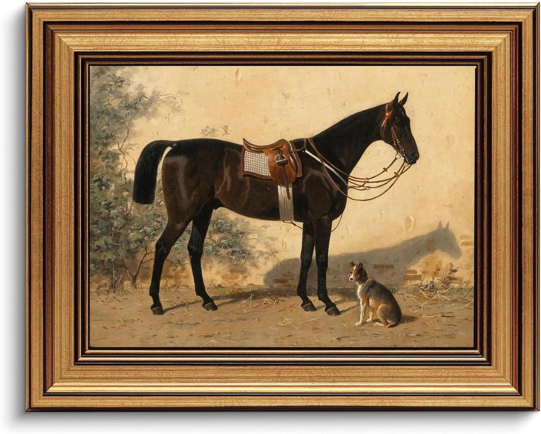 Gold Framed Wall Art Vintage Horse and Dog Canvas Art Farmhouse Animals Picture Wall Decor Antique Prints Rustic Paintings Country Artwork for Bedroom Bathroom Living Room 8x10 Inch