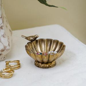 NIKKY HOME Antique Trinket Bowl Dish, Vintage Golden Metal Jewelry Tray with Bird, Ring Holder Classy Birthday Gifts