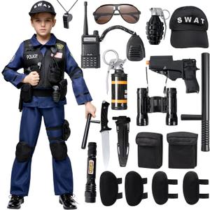 Spooktacular Creations 20PCS Police SWAT Costume for Kids, S.W.A.T. Police Officer Costume for Boys Halloween Cosplay Party (Black, Large)