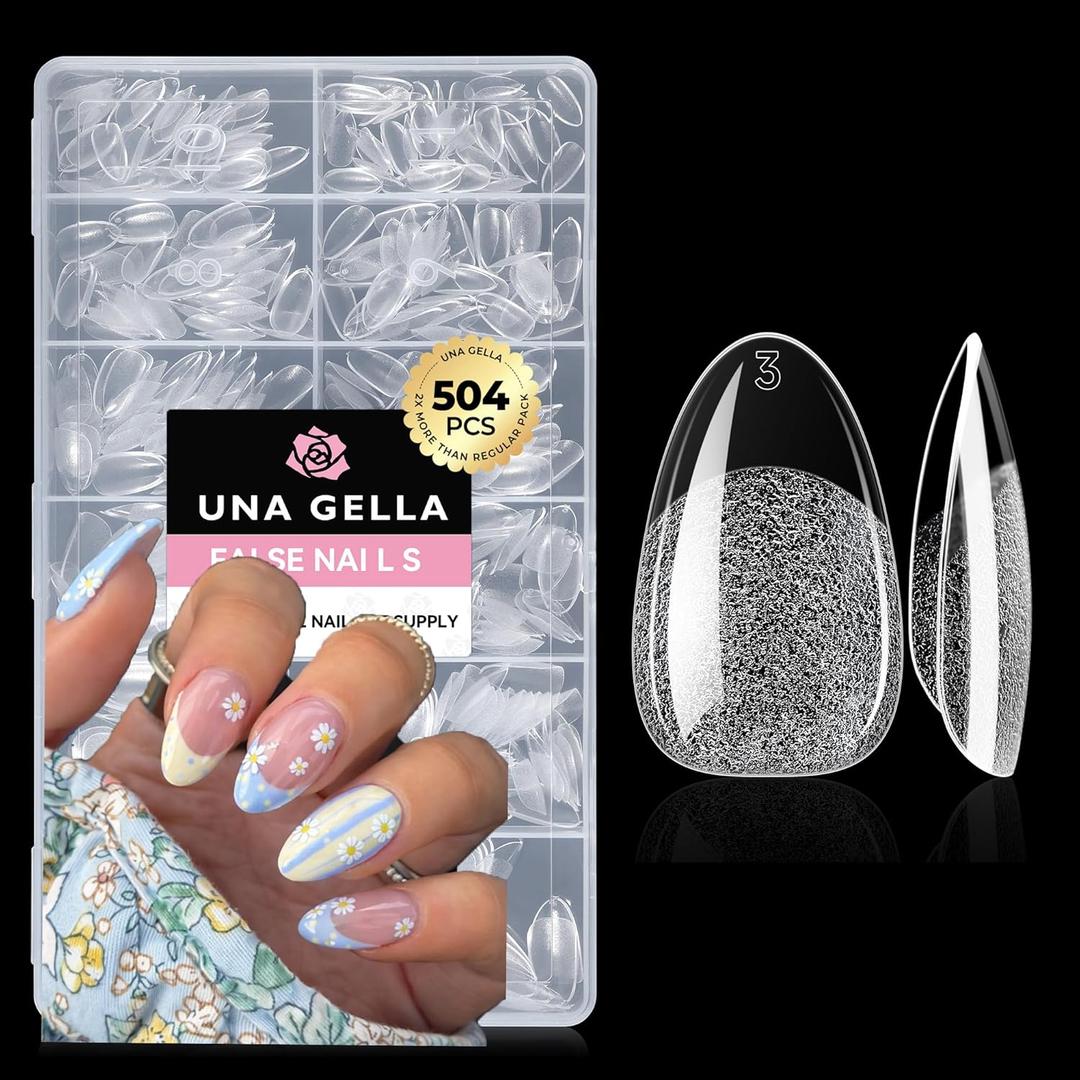 UNA GELLA Short Oval Almond Fake Nails 504pcs Press on Nails Pre-shape Short Almond Round Gel Nail Tips for Full Cover Acrylic False Nails For Nail Extension Home DIY Salon 12 Sizes False Gelly Tips
