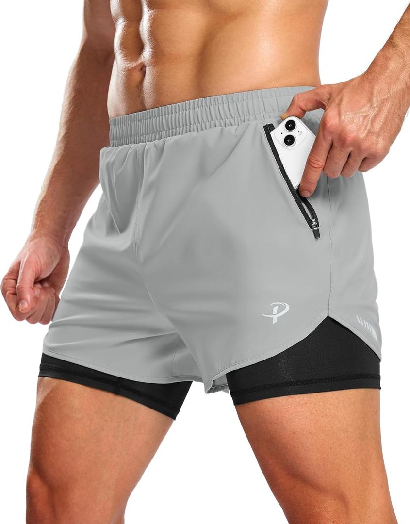 Pudolla Men's Lightweight 2 in 1 Running Shorts 5" Zipper Pockets Quick Dry Gym Workout Athletic Shorts Compression Liner (Medium)