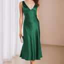 Summer Satin V Neck Backless Midi Dresses for Women 2025 Silky A line Formal Low Back Sleeveless Wedding Guest Long Dress