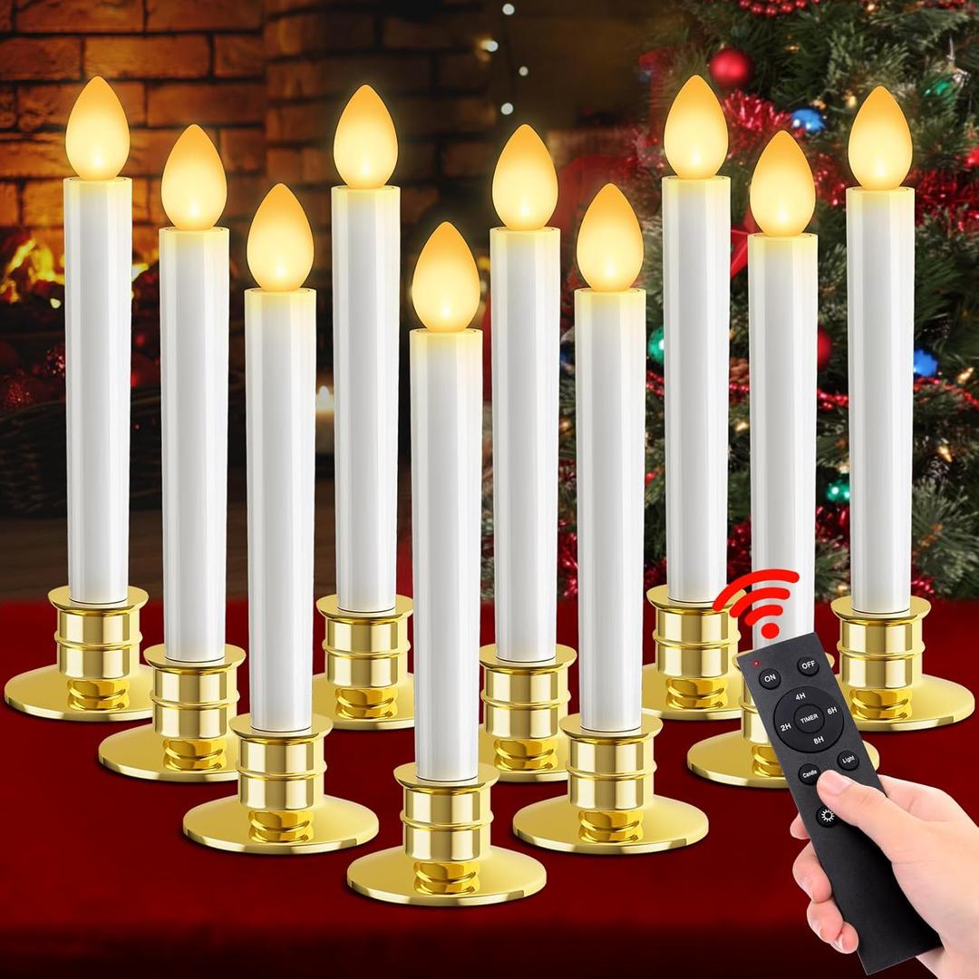 10 Pack Christmas Window Candles Lights Flameless Candle Battery Operated Candles with Remote Control Timer Gold Holders LED Candle for Party Table Top Xmas Thanksgiving Christmas Window Decorations (White)