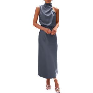 PRETTYGARDEN Women's 2025 Summer Satin Dress Elegant Sleeveless Mock Neck Cocktail Party Maxi Dresses (Grey Blue)