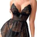 SOLY HUX Women's 4 Piece Lingerie Lace Sheer Babydoll Mini Dress Garter Chemise Sleepwear with Leg Ring (Black, XL)