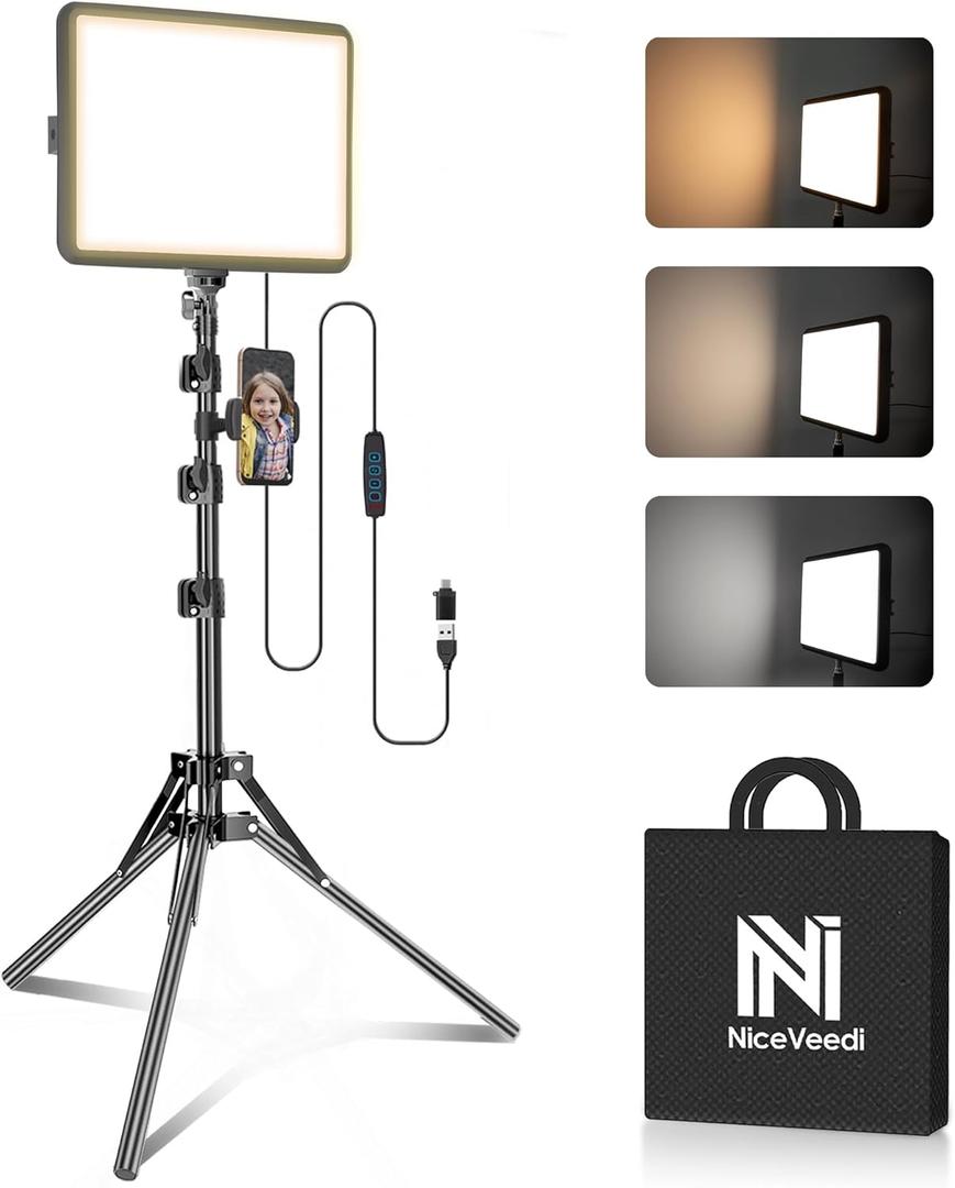 NiceVeedi 1-Pack Photography Lighting Kit, 2800-6500K Bi-Color LED Video Light Kit, Dimmable Studio Light with Tripod Stand & Phone Holder, Light for Video Recording, Game Streaming, YouTube