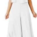ROYLAMP Women's Summer 2 Piece Outfits Round Neck Crop Basic Top Cropped Wide Leg Pants Set Jumpsuits (X-Large, White)