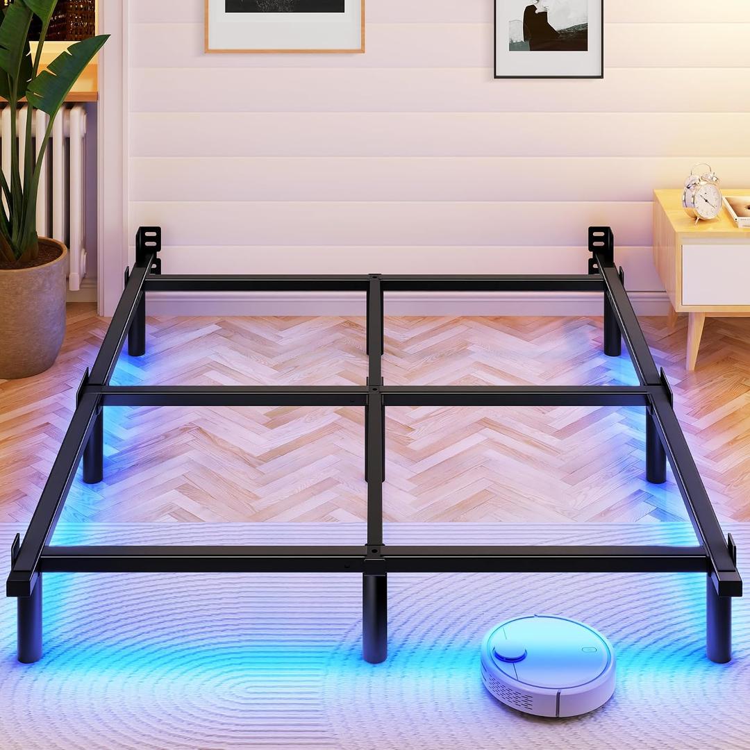 Awesofurni Queen Bed Frame with Smart LED Lights, 7 Inch Basics Metal Bed Frame, Heavy Duty 9-Leg Base for Box Spring and Mattress, Noise-Free, Easy Assembly, Black