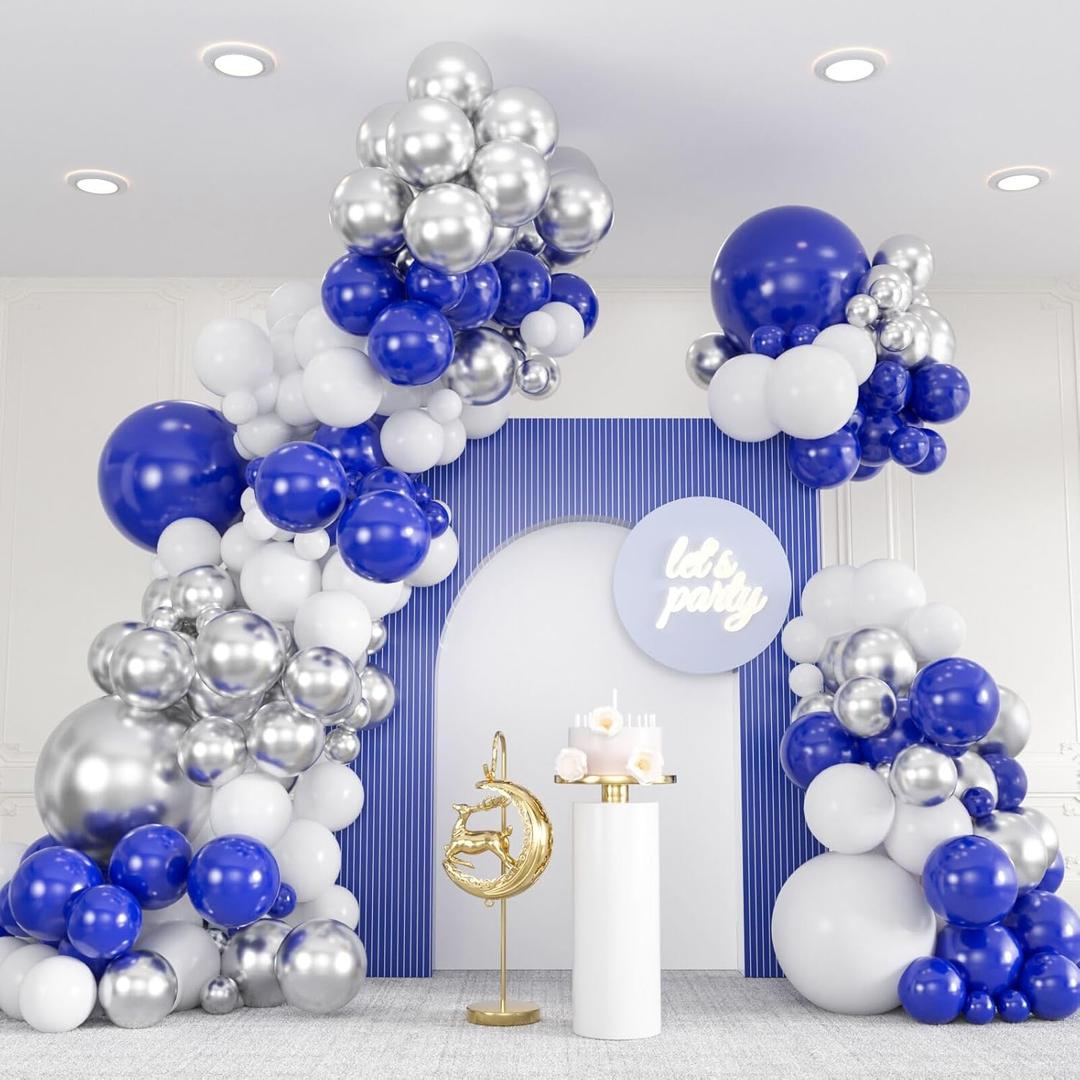 136pcs Blue White Silver Balloon Garland Kit - 18/12/10/5 Inch Royal Blue, Silver Confetti Balloon Arch for New Year, Graduation, Birthday, Father’s Day Decor