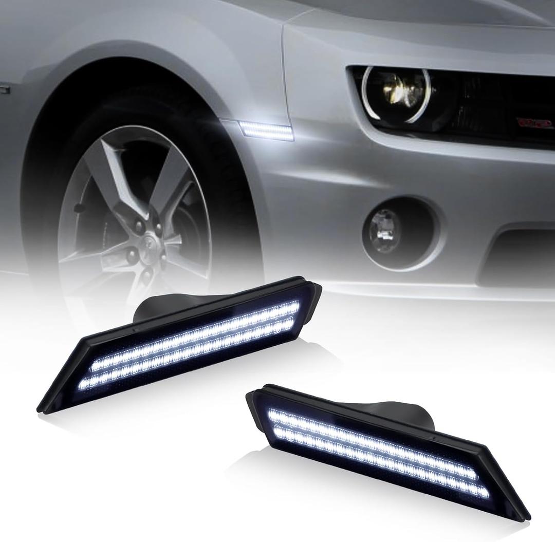 D-Lumina LED Front Side Marker Lights Smoked Lens for Chevy Camaro 2010 2011 2012 2013 2014 2015, 5th Gen Camaro Front Bumper LED Sidemarker White, Pack of 2