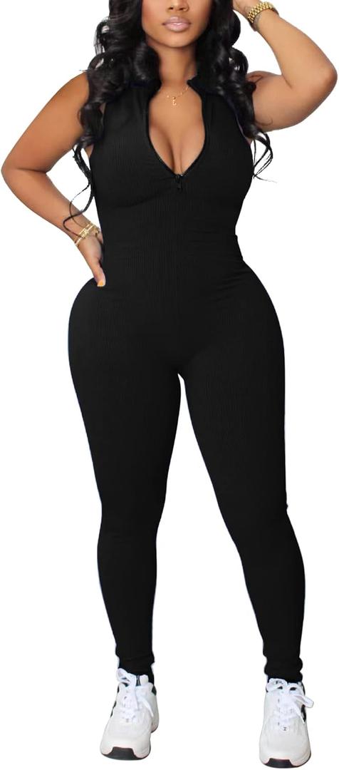 chicyes Women's Sexy Jumpsuits Workout Sleeveless Ribbed One Piece Casual Pants Plus Size Romper Summer Outfits (Black, XL)