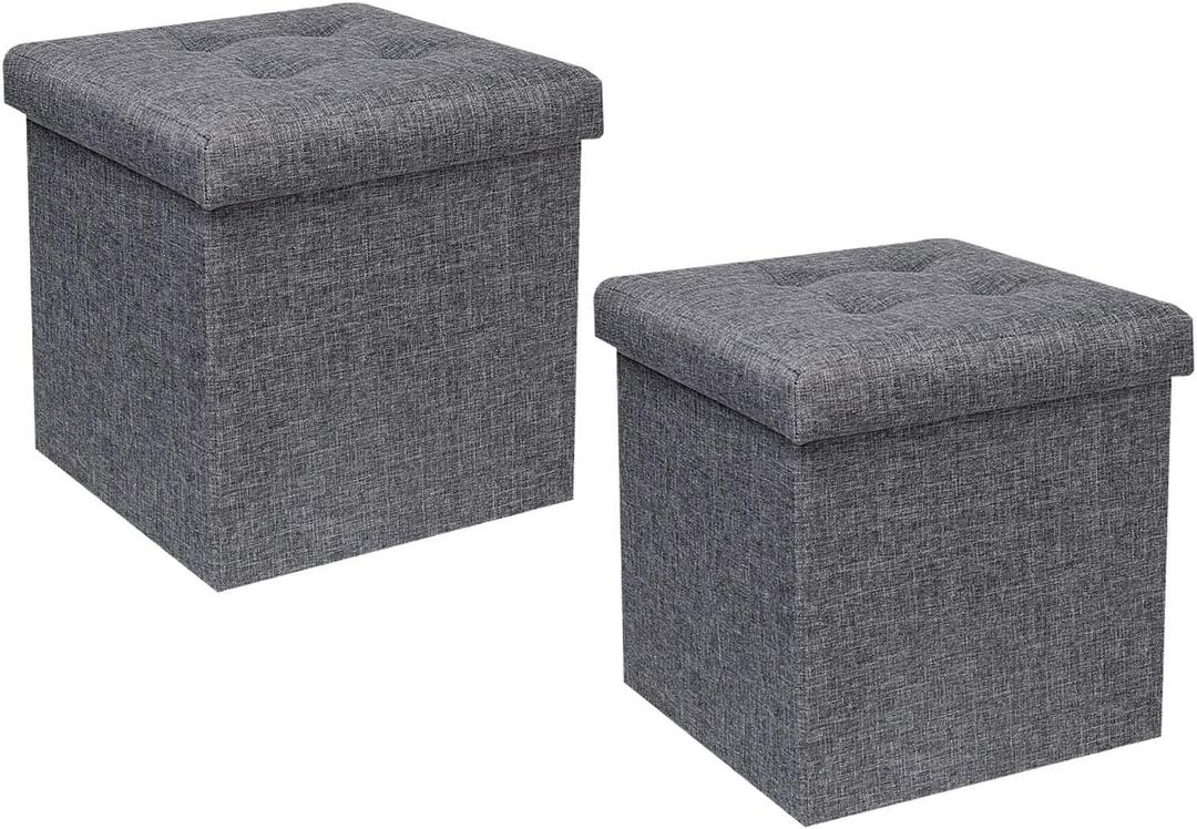 B FSOBEIIALEO Storage Ottoman Cube, Toy Chest Folding Foot Rest Seat, Linen Grey 12.6"X12.6"X12.6" (2 Pack)