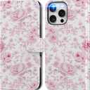 DEENAKIN for iPhone 16 Pro Wallet Case with Card Holder + Cash Clip, RFID-Blocking, Military-Grade Drop Protection, Magnetic Closure with Leather Kickstand - Blooming Pink Roses