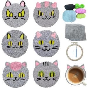 57lilina Punch Needle Coaster Kit for Adults Beginners Kids, 6 Set Complete Animal Cat Punch Needle Stitching Embroidery Art Kit, Step-by-Step Guide Make Punch Needling Drink Coasters for Starter