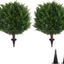 22''T Artificial Cedar Topiary Ball Tree 2 Pack, Outdoors Artificial Shrubs Faux Plants Uv Rated Perfect for Outdoor, Indoor - Easy to Install.