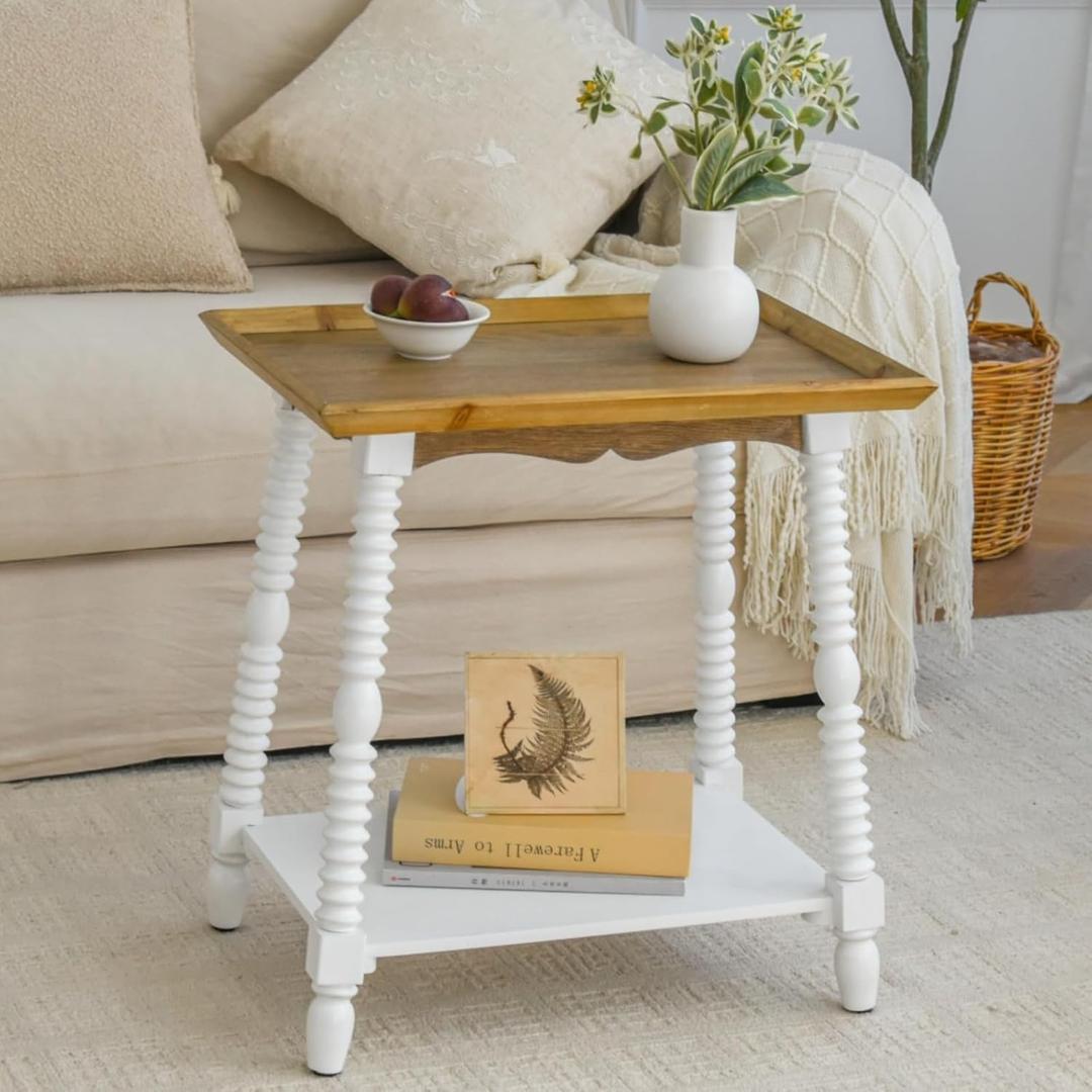Square Side Table, 2-Tier Storage Shelf, 22x15in, Natural, 15 inches x 22 inches x 23.75 inches