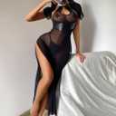 Hilinker Womens Sexy Sheer Lingerie Dress Set Long Mesh Leather Patchwork See Through Chemise Nightgown Black Small (Black, S)