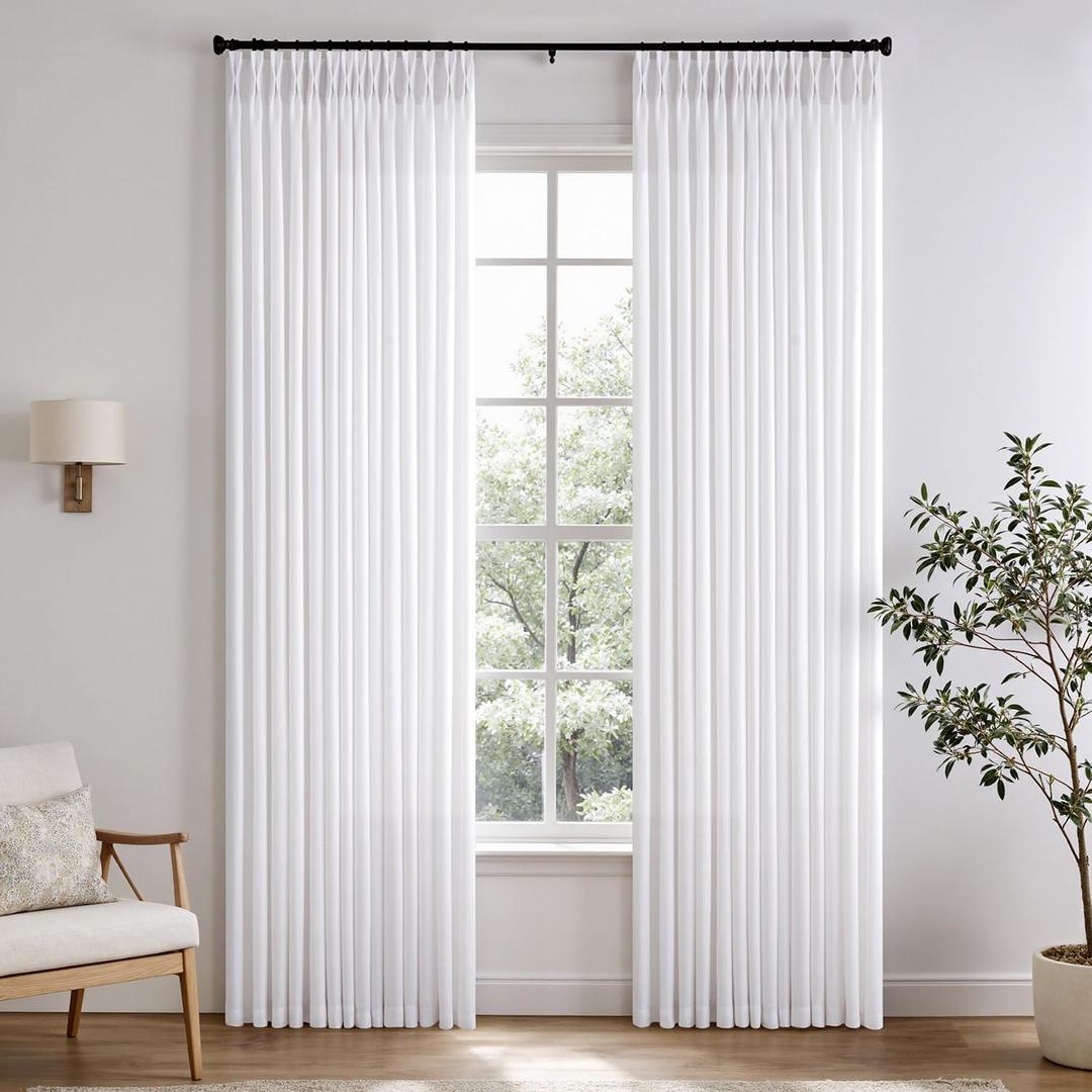 Memory Trained Pinch Pleated Curtains 90 Inches Long, Viral Linen Pinch Pleat Sheer Curtains with Ring Hooks&Clips for Track System Living Room, White Light Filtering Privacy Curtain 2 Panel Set