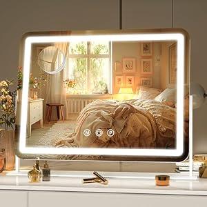 Hasipu Vanity Mirror with Lights, 16" x 12" LED Makeup Mirror, Light up Mirror with 10X Magnification, Smart Touch 3 Colors Dimmable, 360° Rotation (White)