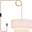 Plug in Pendant Light, 2-Tier Drum Linen Pendant Lights with 15.7FT Handmade Woven Light Cord17.7" Plug in Chandelier for Dining Room Kitchen Island and Bedroom