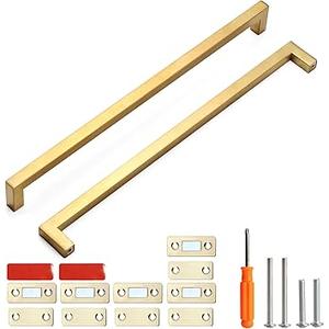 Cabinet Pulls Gold Cabinet Handles 5 Pack 13-4/5 Inch Square Drawer Pulls and 5 Pack Cabinet Magnetic Catch, Stainless Steel Kitchen Door Cupboard Cabinet Handles, 352mm Hole Centers