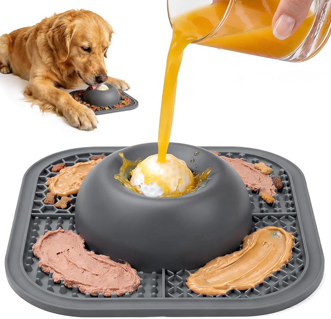 PetsHome Slow Feeder Dog Bowls & Lick Mat for Liquid and Thick Treat, AntiSlip Dog Lick Bowl with Interactive Rolling Ball, 5/6 Cup Pup Licking Toy for Large Medium Small Dogs and Cats Gray