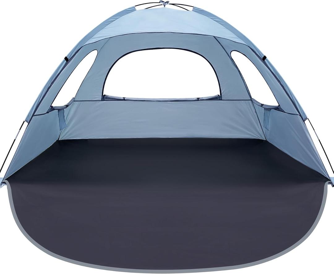 WhiteFang Beach Tent Anti-UV Portable Sun Shade Shelter for 3/4/6/8 Person, Extendable Floor with 3 Ventilating Mesh Windows Plus Carrying Bag, Stakes and Guy Lines