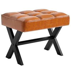 IBUYKE Small 12" H Footrest Stool, Square PU Foot Stool with Metal X-Leg, Multi-Use as Small Side Table, Step Stool for Living Room, Bedroom, Entryway, Office, Light Brown WBD012J