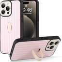 KANGHAR for iPhone 15 Pro Max Case Stand White and Pink Stripes Full Body Rugged Shockproof Protection Glossy Protective Slim Case 6.7 Inch