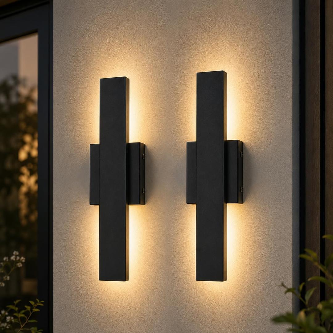 Black Outdoor LED Wall Light – 15.7 Inch Linear Exterior Sconce, Dimmable Waterproof Light with Remote, 3 Color Temperatures (3000K-5000K) in Black Metal for Garage Patio Porch, 2 Pack