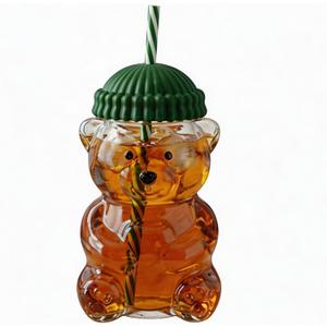 Glass Bear Cup,Bear Cup with Straw, 500ml Reusable Bear Glass Tumbler with Lid for Iced Coffee, Milk Tea, and Cocktails, Dishwasher Safe(Green)