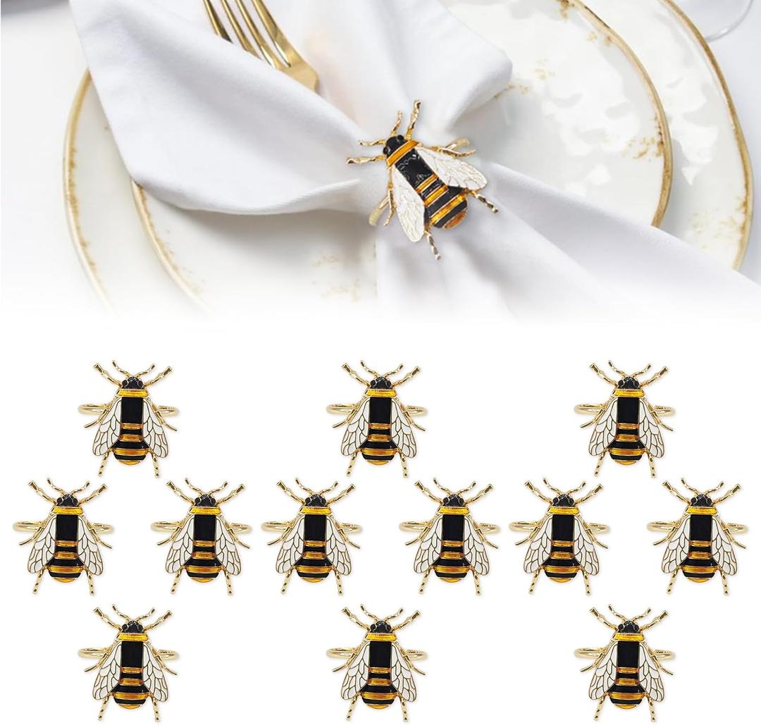 Napkin Rings Bee Dining Table Decor Soft Enamel Metal Gold Set of 12 Holders for Cloth Napkins - Easter & Valentine Gift (Set of 12)