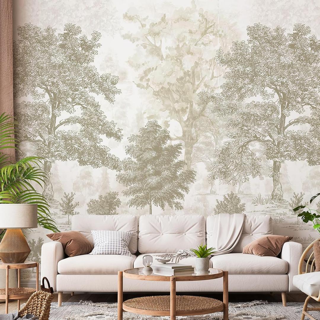 Vintage Forest Wall Mural Peel and Stick 148" W x 98" H Beige Tree Wallpaper Self-Adhesive Large Nature Landscapes Murals Canvas Wall Decor for Bedroom Bathroom