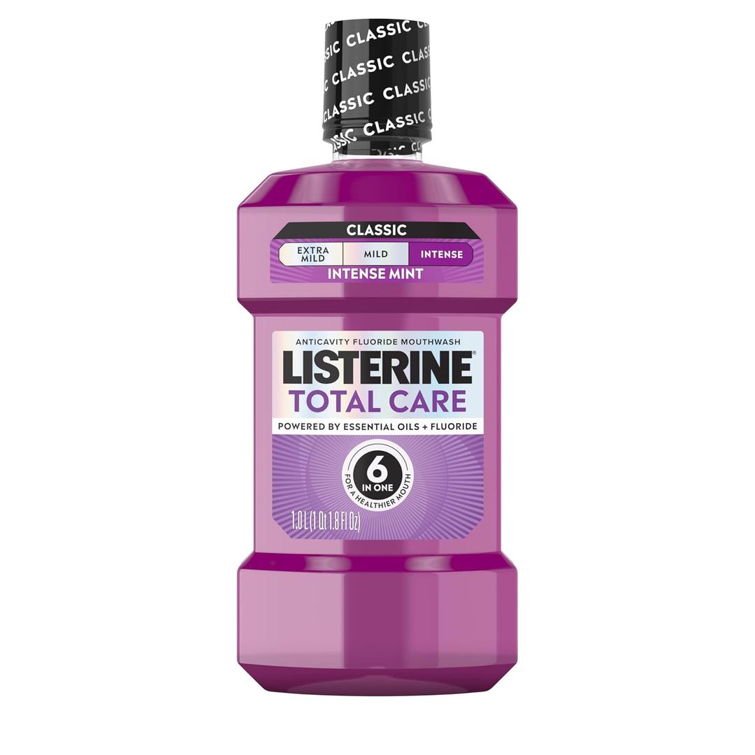 2 x Listerine Total Care Intense Anticavity Fluoride Mouthwash, 6 Benefits in 1 Oral Rinse Helps Kill 99% of Bad Breath Germs, Prevents Cavities, Provides 360 Clean*, ADA-Accepted, Intense Mint, 1 L (EXP 2028/01)