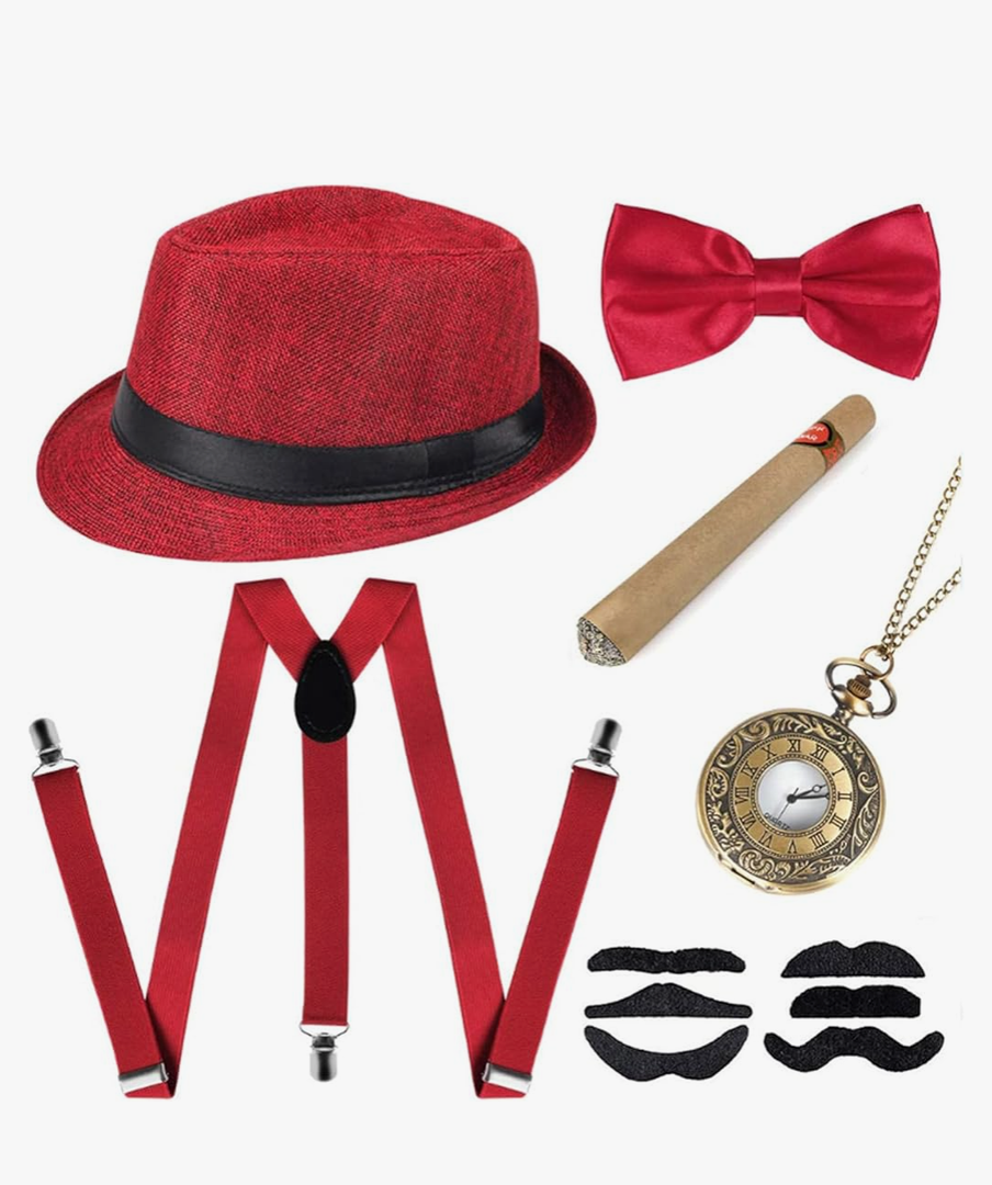 1920s Men Costume Fancy Dress Accessories Set Cosplay Retro Women Gangster Costume Hat Tie Tie Clips Pocket Watch Fancy