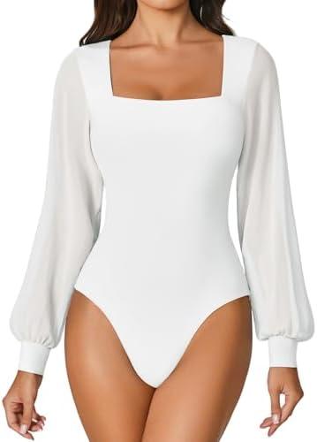 Avidlove Women Puff Long Sleeve Bodysuit Mesh Square Neck Thong Sexy Body Suits Double Lined Leotards Size XL